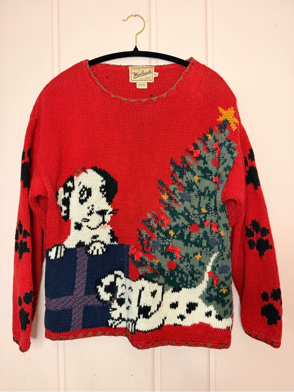 Woolrich Vintage 80’s Red Dalmatian Holiday Crewneck Sweater with Tree Motif szM